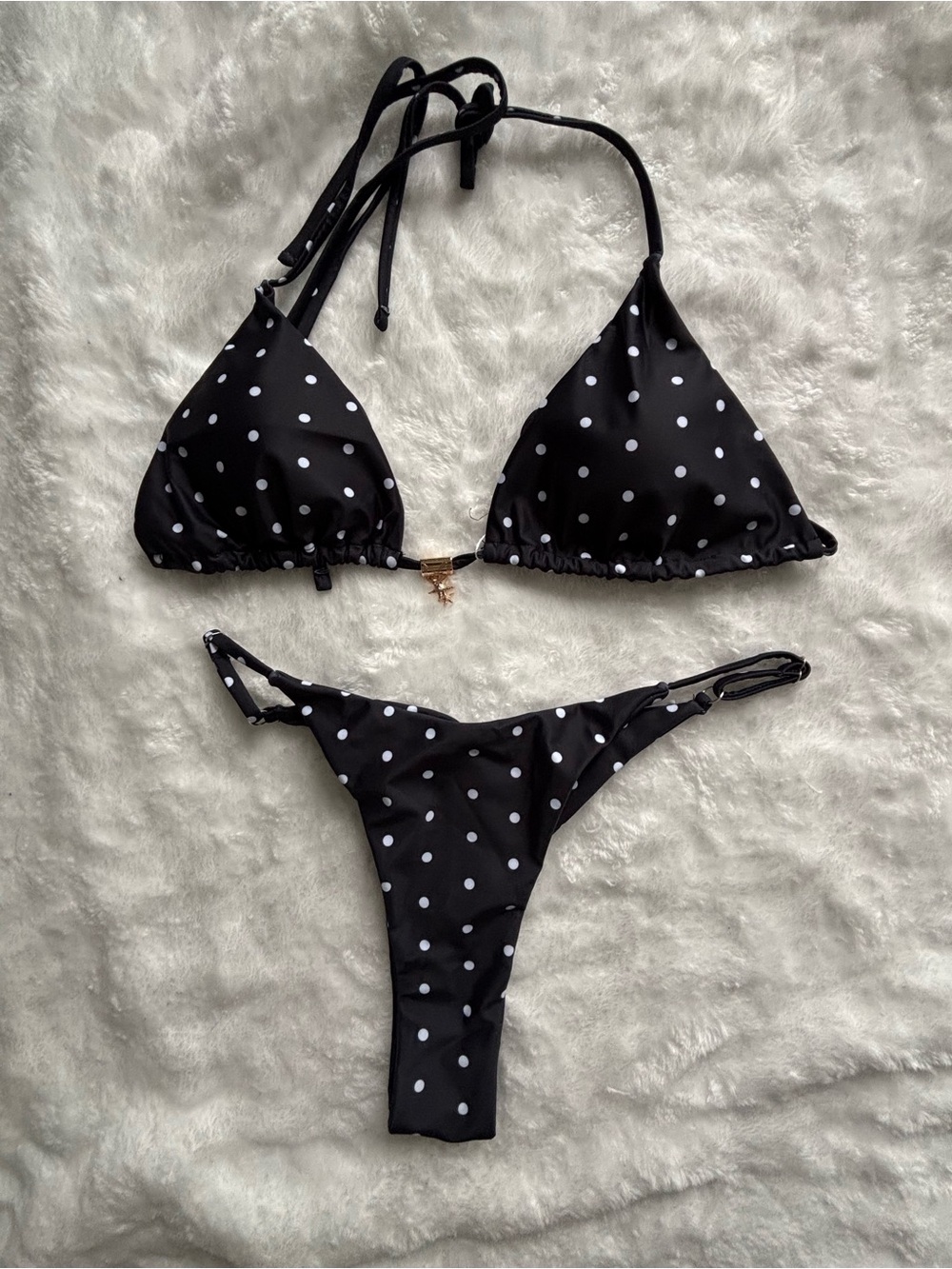 Tainehs Size M Women's Black Polka Dot Triangle Bikini Set